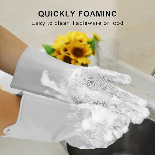 Dishwashing Sponge Gloves for Kitchen, Dishwashing Gloves Reusable Rubber Cleaning Gloves, Silicone Dishwashing Gloves Scrubber Glove, Washing Gloves for Housework, Car, Bathroom, Clothes, Pet (Gray)