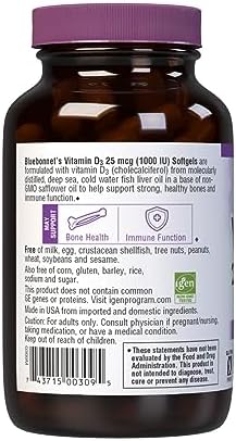 Bluebonnet Nutrition Vitamin D3 1000 IU Softgels, Aids in Muscle and Skeletal Growth, Cholecalciferol from Fish Oil, Non GMO, Gluten Free, Soy Free, Dairy Free, 250 Softgels