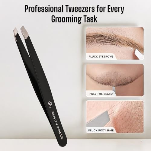 Beauty Power Professional Precision Slant Tweezers for Women Facial Hair - Tweezers for Men & Women, Eyebrow Tweezer for Ingrown Hair Blackhead & Splinter Removal - Gift Idea - Black