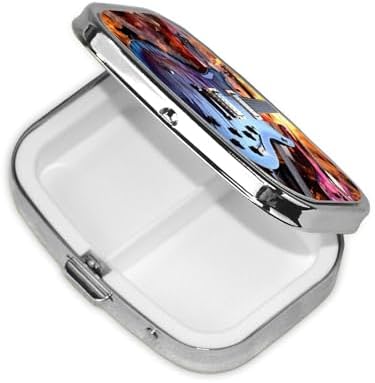 Magic Electric Guitar Music Pill Box 2 Compartment Square Portable Pill Case for Pocket or Purse Small Weekly Medicine Planner Travel Pillbox with Mirror Decorative Metal Vitamin Holder Gifts