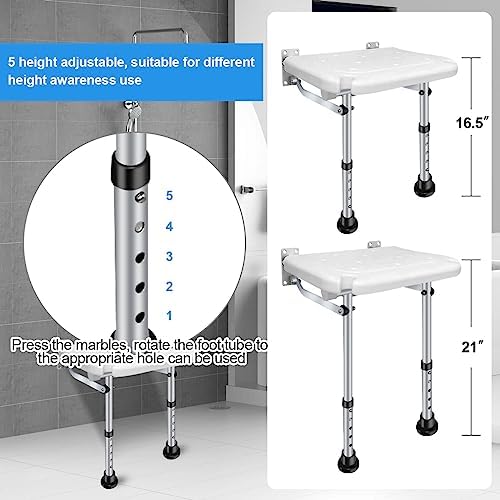Folding Shower Seat, Height-Adjustable Wall-Mounted Bathroom Safety Stool with Non-Slip Support Legs and Shower Head Slot for Elderly Senior,Handicap,Pregnant Woman