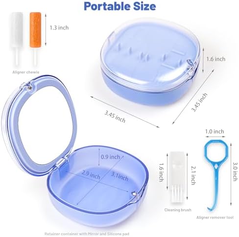 Double-layer Retainer Storage Case with Belt Chewing, Removal Tool, Cleaning Brush, Built in Mirror Orthodontic Retainer Container Case, Retainer Travel Case (blue)
