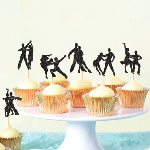 Ercadio 24 PCS Latin Dance Cupcake Toppers Black Glitter Adulthood Ceremony Dancing Girl Boy Cake Birthday Picks for Dancing Cake Dessert Muffin Toppers for Wedding Baby Shower Birthday Party