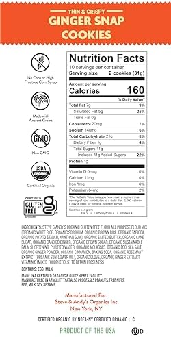 Steve & Andy’s Thin, Crispy & Scrumptious Ginger Snap Cookies - Organic & Gluten Free, Non-Gmo, Nut Free, Wheat Free, Soy Free - 1 Box, 5.5 Oz (10 Cookies)