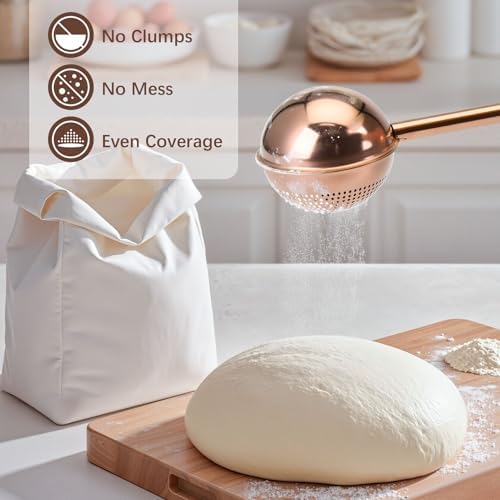 HULISEN Flour Duster for Baking, One-Handed Operation, 304 Stainless Steel Powdered Sugar Shaker Duster, Pick Up and Dust Flour Sifter, Gift Package, Brown