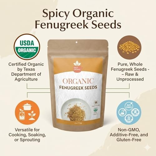 SPICY ORGANIC Fenugreek Seeds 4 lbs. - Whole Methi Seeds for Tea, Hair Care, and Indian Spice Cooking - USDA Certified Organic, Non-GMO, Gluten-Free. Packaged in a Resealable Pouch
