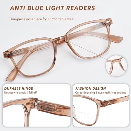 OPTOFENDY Bifocal Reading Glasses for Women, Blue Light Blocking Computer Readers with Spring Hinges, Retro Square Frame