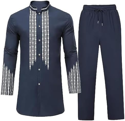 Muslim Clothes for Men 2 Piece Set Cotton Linen Kaftan Button Down Long Sleeve Print Kurta Drawstring Pants