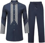 Muslim Clothes for Men 2 Piece Set Cotton Linen Kaftan Button Down Long Sleeve Print Kurta Drawstring Pants