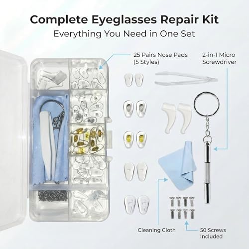 25 Pairs Eye Glasses Nose Pads, Silicone Screw-in Nose Pad Eye Glasses Repair Kit with Screws Screwdriver Tweezers Cleaning Cloth