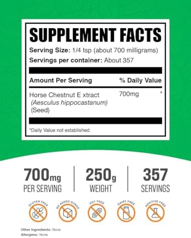 BulkSupplements.com Horse Chestnut Extract Powder - Horse Chestnut Supplement, Herbal Supplement - Gluten Free, 700mg per Serving, 250g (8.8 oz) (Pack of 1)