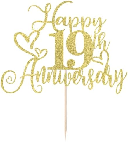 golden Glitter Happy 19th Anniversary Cake Toppers-Wedding Anniversary Party Decorations,gold Wedding Party，Birthday Party Decorations,Company Anniversary Party/19th Birthday Party Decorations (19th)