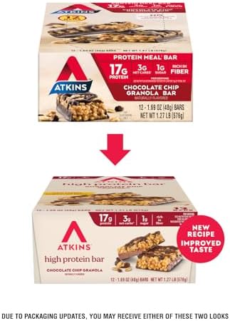 Atkins Chocolate Chip Granola Protein Bar, High Fiber, Low Sugar, 17g Protein, 3g Net Carb, High Protein Bars, Keto Friendly, 12 Count