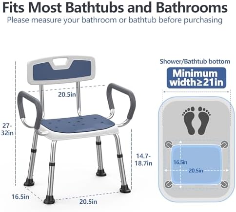Shower Chair for Elderly and Disabled (450 lbs) Adjustable Height Shower Seat for Inside Shower with Padded Wide Arms & Back, Heavy Duty Medical Bathtub Stool for Women Seniors Handicap