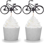 24 Black Glitter Bike Cupcake Toppers Cycling Theme Party Kid's Birthday Decorations