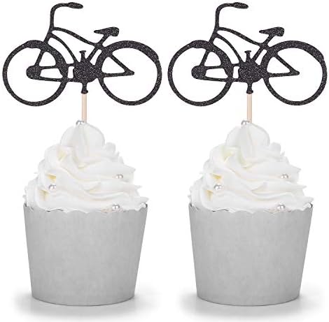 24 Black Glitter Bike Cupcake Toppers Cycling Theme Party Kid's Birthday Decorations