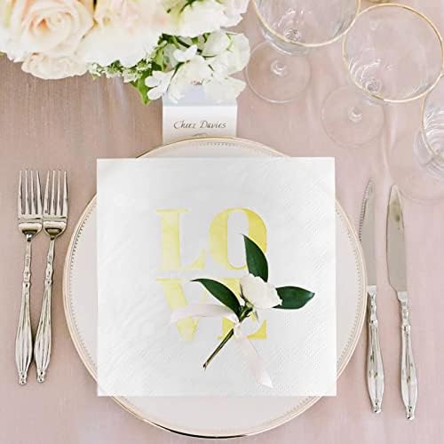 100 Pack of 'Love' White and Gold Wedding Napkins - Disposable Party Napkins for Cocktail, Bar, Bachelorette, Engagement and Beverage Events