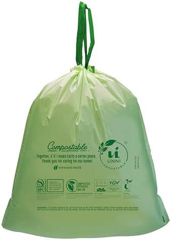 UNNI Compostable Drawstring Bags, 13 Gallon, 49.2 Liter, 30 Count, Heavy Duty 1 Mil, Tall Kitchen Food Scrap Waste Bags, ASTM D6400, US BPI, CMA & Europe OK compost Certified, San Francisco