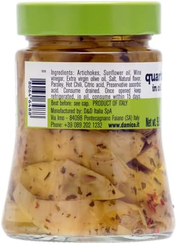 FRATELLI D'AMICO - Quartered Artichokes In Oil "Roman Style", Premium Quality, Chef Selection, 9.9 oz (280 g), Antipasto, Seasoned, Carciofi, Product of Italy