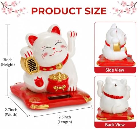 Youeon 2 Pcs Lucky Cat Waving Arm, Small Solar Waving Cat, Cute White Beckoning Cat Welcoming Cat, Maneki Neko as Good Luck Decor for Home, Office, Car, Stores, Restaurants