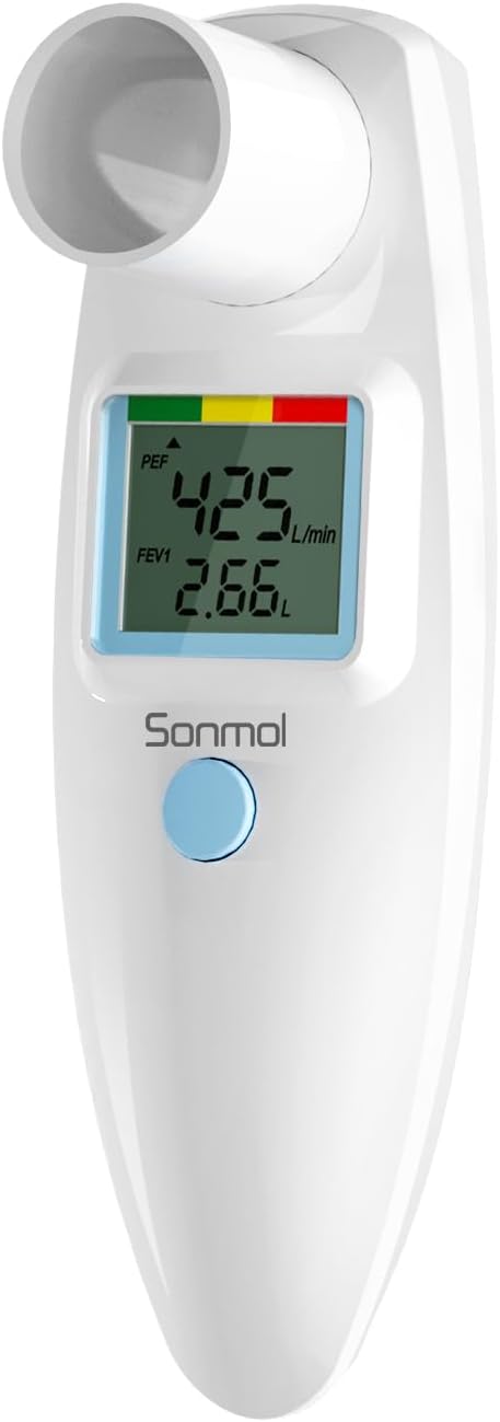 Sonmol Digital Peak Flow Meter Portable PEF Forced Expiratory Volume FEV1 Tester with Red Yellow Green Risk Indicator