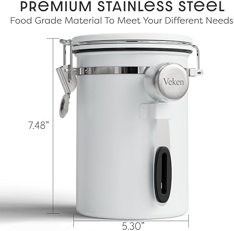Veken Coffee Canister with Window, Airtight Stainless Steel Kitchen Food Storage Container with Lids, Date Tracker and Scoop for Grounds Coffee, Beans, Tea, Flour, Cereal, Sugar Jars, 22OZ, White