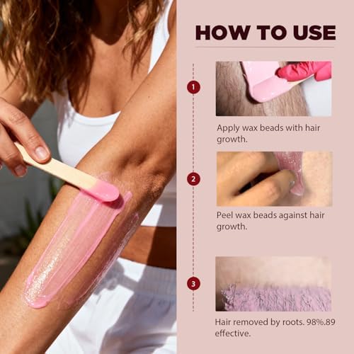 Hard Wax Hair Removal Beads - Painless Waxing for Sensitive Skin, Full Body Wax Beans with 20 Sticks for Women Men Bikini Brazilian, Armpit, Home Use (Rose, 1.1lb/17.6oz)