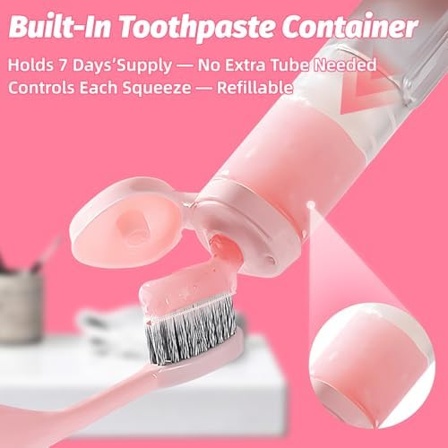 Travel Toothbrush with Built-in Toothpaste Container, Foldable Toothbrush with 2 Soft Brush Head, Portable Reusable Toothbrushes for Business Trips, Camping, Travel Size (Pink)