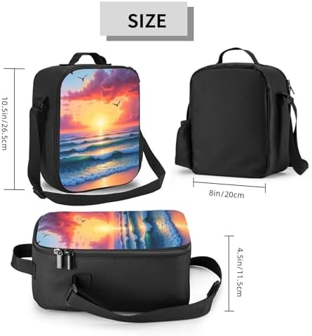 Insulated Lunch Bag For Adults A Painting Of A Sunset Over The Ocean With Birds Flying In The Sky. Lunch Box Reusable Tote Bag Unisex For Work, Travel, Picnic, Office, Camping, Hiking, Picnic, Beach