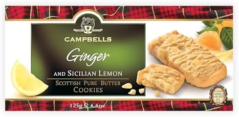 Campbells Shortbread with Stem Ginger & Sicilian Lemon 4.41 Oz (125g) - Pure Butter Scottish Shortbread Cookies from Scotland, Ginger Lemon Cookies, Gourmet British Tea Biscuits & Gift Box