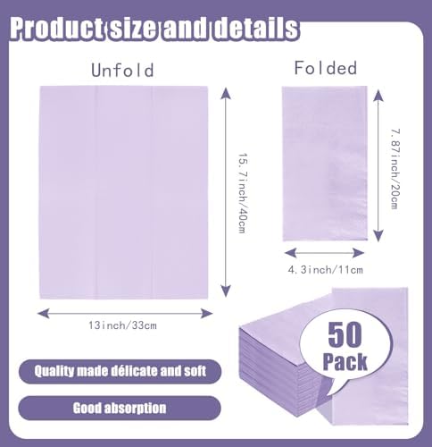 SietDESEO 50 Pieces 3-ply Light Purple Napkins Disposable 13 x 15.7 Inches Lavender Guest Bathroom Napkins Disposable Hand Towels for Bathroom Wedding Birthday Party Paper Dinner Napkin