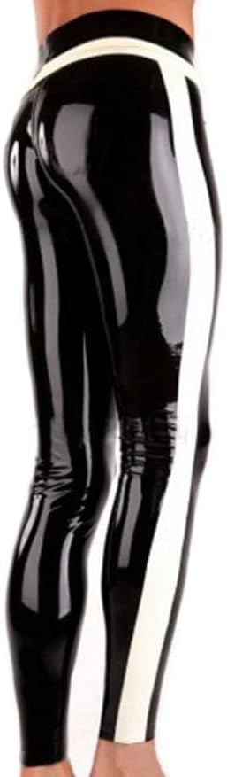 Men's Black Latex Leggings with White Side Stripes,Handmade Latex Pants,Suitable for Cosplay Novelty Latex Club Costumes