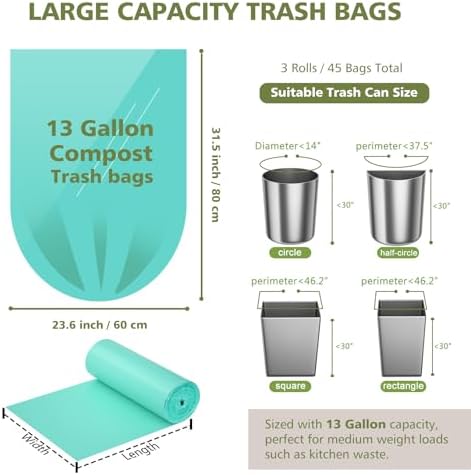AYOTEE Compostable Trash Bags 13 Gallon Tall Kitchen, 45 Count Biodegradable Trash Bags 13 Gallon Garbage Bag, Large Compost Bag for Kitchen Bathroom Home Office