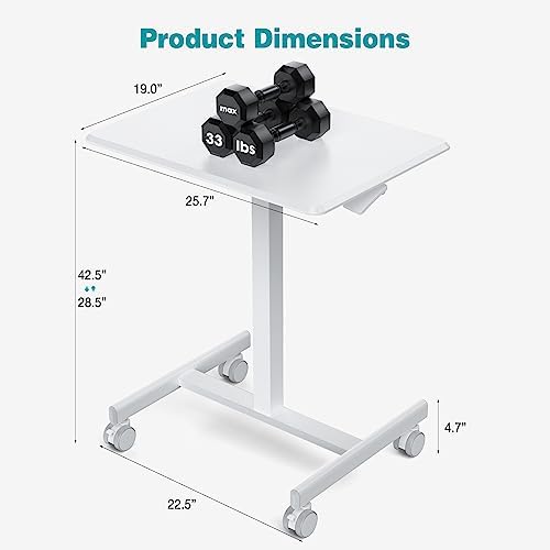 DUMOS Small Standing Desk Mobile Portable Rolling Laptop PC Table on Wheels Adjustable Height Computer Workstation for Home Office, 19 Inch, Modern White