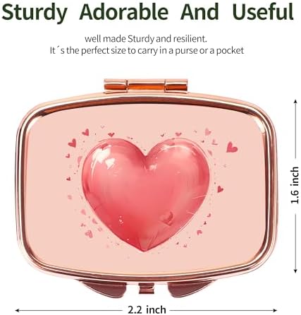 Dynippy Pill Case Pill Box with Mirror Retro Pocket 2 Compartment Medicine Case Vitamin Pill Organizer for Pocket Purse and Travel (Rose Gold- Red Heart Pattern)