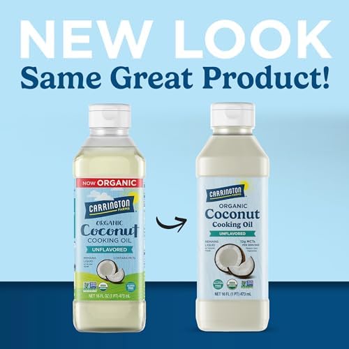 Carrington Farms Organic Liquid Coconut Cooking Oil, 16 Fl Oz –Unflavored, Unscented, High Smoke Point, MCT-Rich, No Trans Fat – For Cooking, Sautéing, Frying & Baking – Gluten Free, Non-GMO, Hexane Free, BPA Free Bottle