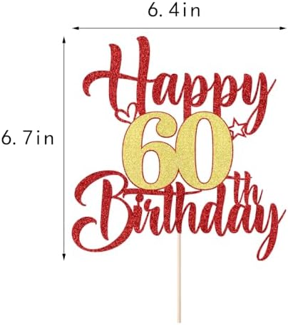 Red Gold 60th birthday cake topper Glitter Happy 60th birthday cake topper 60th birthday party cake decorations Photo Booth Props
