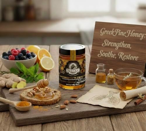 Ellora Farms Greek Honey Single Estate PDO, Pine & Thyme Honey Unfiltered, Gift Pack with Dipper, Beekeepers Reserve, Raw & Unfiltered, Gluten Free - 450g (16oz)