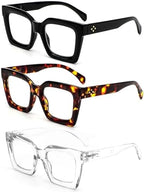 REAVEE 3 Pack Thick Frame Oversized Reading Glasses for Women Blue Light Blocking Computer stylish Readers with Spring Hinge
