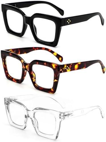 REAVEE 3 Pack Thick Frame Oversized Reading Glasses for Women Blue Light Blocking Computer stylish Readers with Spring Hinge