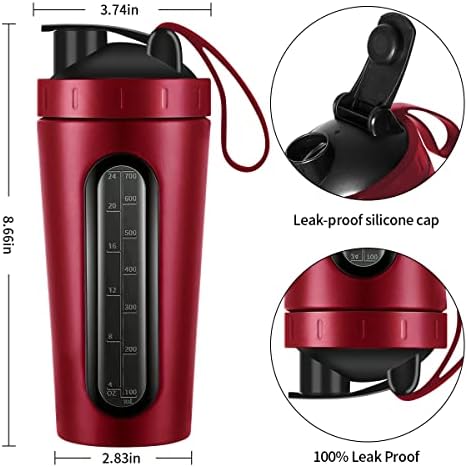 Protein Shaker Bottle, 28oz Shaker Bottles for Protein Mixes and Pre Workout, Visible Window, Stainless Steel Shaker Bottle Leak Proof (red)