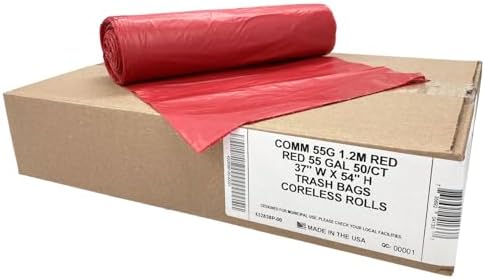 Ultrasac Heavy Duty 55 Gallon Red Trash Bags - (Value 50 Pack) - 1.5 MIL equivalent Industrial Strength Plastic 37" x 54" for 50-55 Gal Cans -Fits Toter, Rubbermaid Brute, Carlislie Bronco etc.