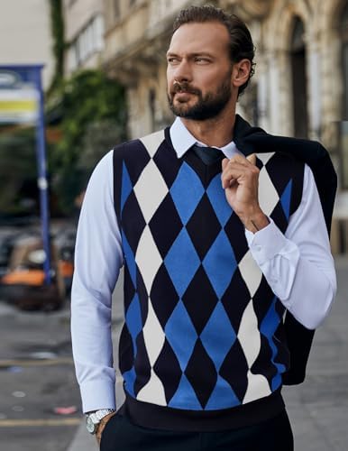 COOFANDY Men's Sleeveless V Neck Pullover Sweater Slim Fit Casual Argyle Vest Sweaters
