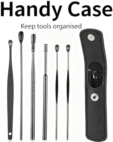 6 Pcs Ear Wax Removal Kit- Ear Cleaner Tool Stainless Steel- Portable Spiral Cleaning Tools with Storage Box for Adults (6 Pcs Black)
