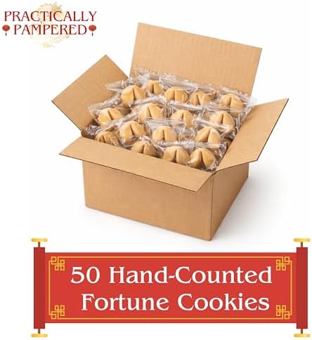 50 Fortune Cookies - Individually Wrapped with Fun, Traditional Fortunes, Lucky Numbers and Chinese Characters - Bundle of 50 Vanilla Cookies