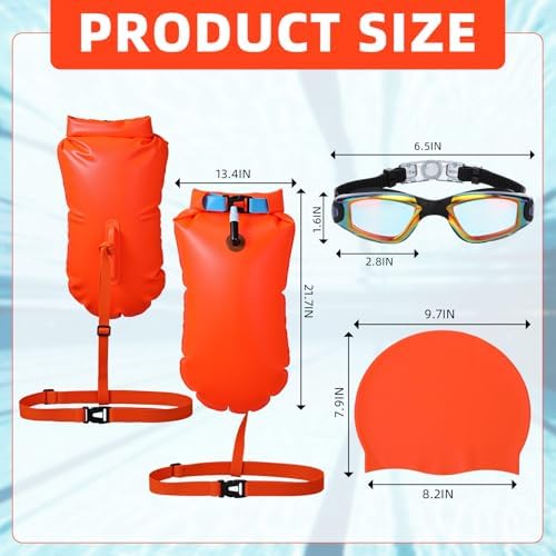 3 Pcs Swim Buoy for Open Water Outdoor Swim Kit with Anti Fog Swimming Goggles and Cap for Beginners Be Bright to Be Seen Safer While Swimming Outdoors