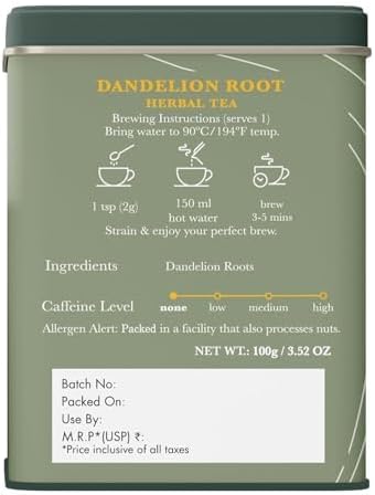 Luxmi Estates Pure Dandelion Herbal | Caffeine Free Detox Tea | Loose Leaf - 100g/3.52oz (50 Cups)