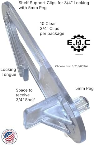 Shelf Support Clips Locking 5mm peg (Choose Your Shelf Thickness 1/2", 5/8", 3/4") Cabinet/Furniture/Shelf Clips/New/Replacement (10 Clear Locking Plastic Clips per Bag) by E.H.C. (3/4" Thick Shelf)