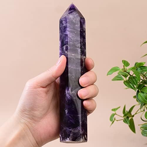 Large Natural Dream Amethyst Healing Crystal Wand 5.11-5.9" Natural Crystal Tower 6 Faceted Chakra Crystal Point Meditation Therapy Reiki Energy Stone Home Decor Collection Gift