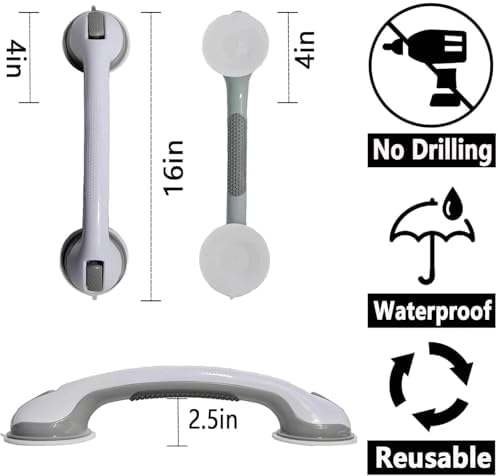 Shower Grab Bars for Seniors, Shower Handles for Elderly Suction Cup,2 Pack 16.21 Inch,Handicap Grab Bars for Bathtubs and Showers Wall, Bathroom Safety for Showers Walls Heavy Duty, No Drillin,Grey